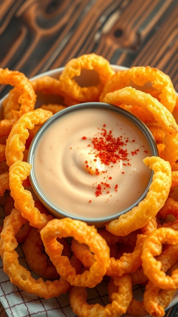 Creamy dipping sauce in a bowl with crispy onion rings on a wooden table.